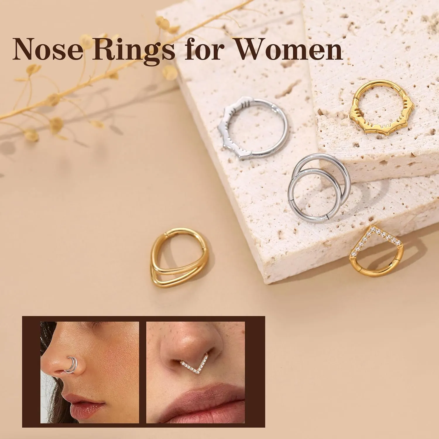 Btysun Nose Rings for Women, Septum Hinged Hoop 16G Nostril Helix Cartilage Earrings, Tragus Rock Conch Lip Daith Piercing Jewelry 8MM 10MM