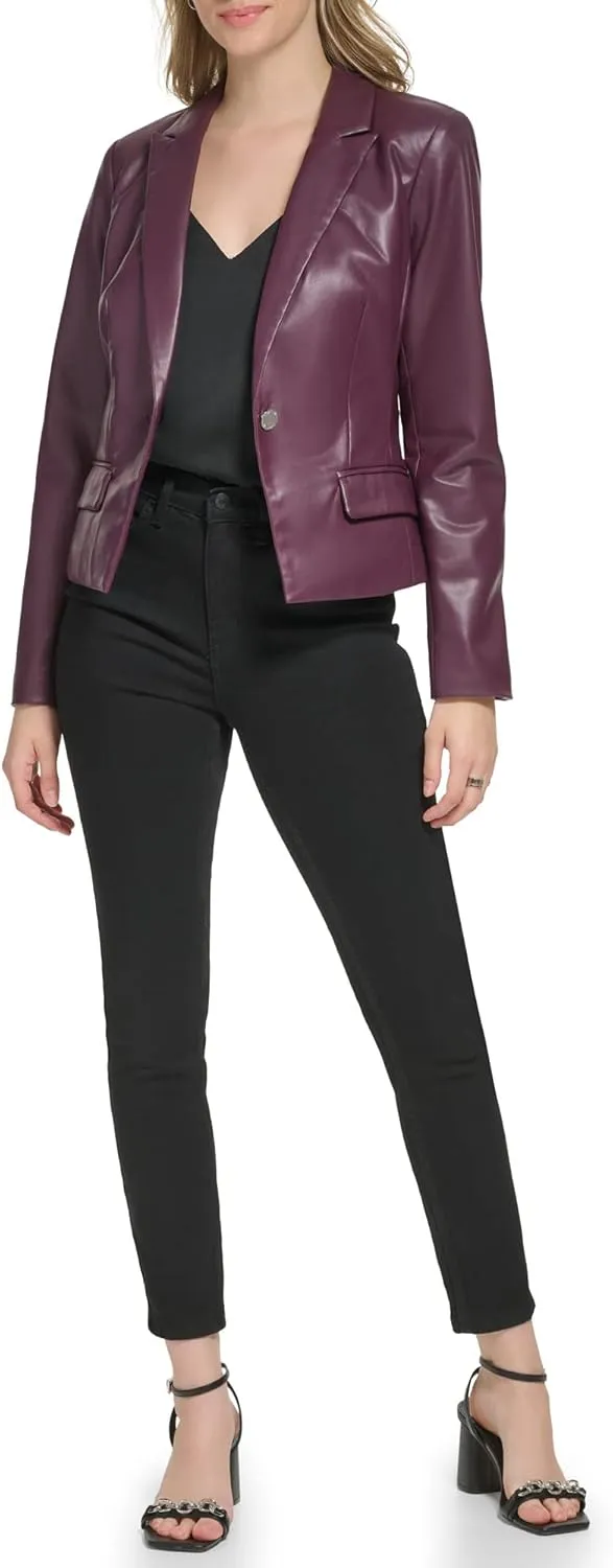 Calvin Klein Women's One Button Faux Leather Edgy Blazer
