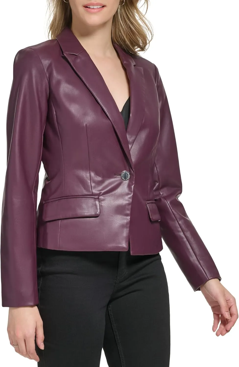 Calvin Klein Women's One Button Faux Leather Edgy Blazer