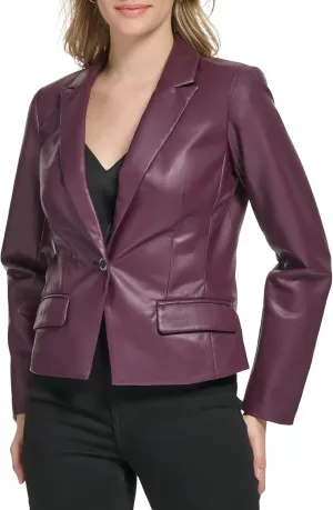 Calvin Klein Women's One Button Faux Leather Edgy Blazer