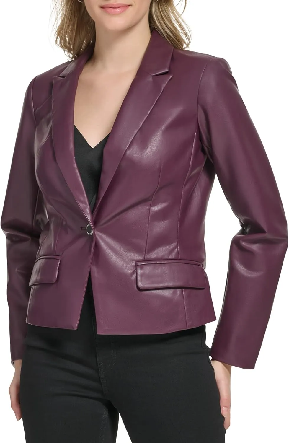 Calvin Klein Women's One Button Faux Leather Edgy Blazer