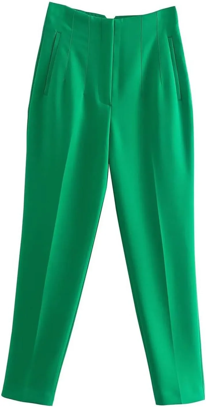 Casual Pants for Women Business Work Office Dress Trousers Solid Color High Waist Zip Straight Leg Pants with Pockets