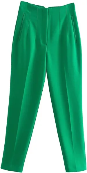 Casual Pants for Women Business Work Office Dress Trousers Solid Color High Waist Zip Straight Leg Pants with Pockets