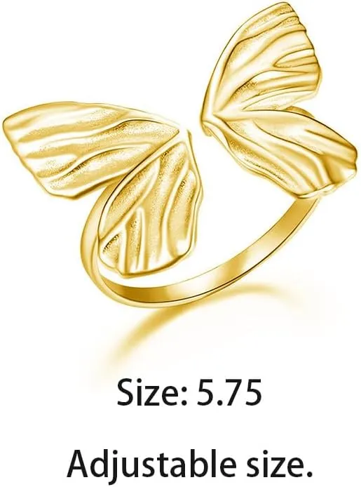 Channel V 925 Sterling Silver Open Twist Ring Gold Butterfly Rhinestone Widened Dual Stacking Ring 18K Gold Plated Stackable Wedding Bands Rings for Women Men Thick Dome Chunky Rings