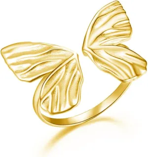 Channel V 925 Sterling Silver Open Twist Ring Gold Butterfly Rhinestone Widened Dual Stacking Ring 18K Gold Plated Stackable Wedding Bands Rings for Women Men Thick Dome Chunky Rings