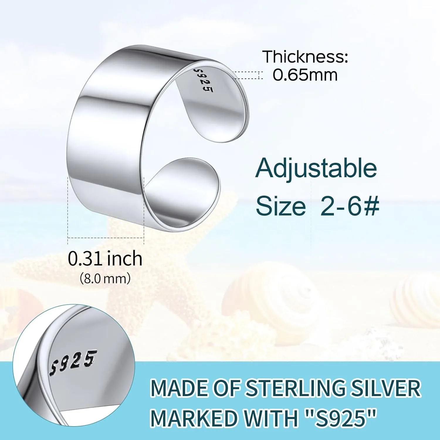 ChicSilver 925 Sterling Silver Toe Ring Minimalist Hypoallergenic Adjustable Band Ring Summer Beach Bare Foot Jewelry