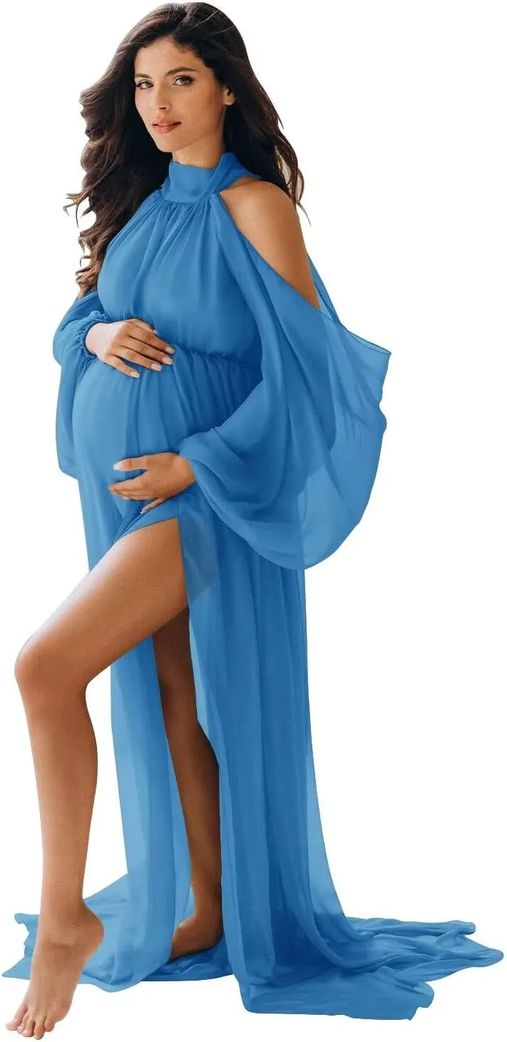 Chiffon Maternity Dresses for Photoshoot Halter Long Slit Robes for Baby Shower