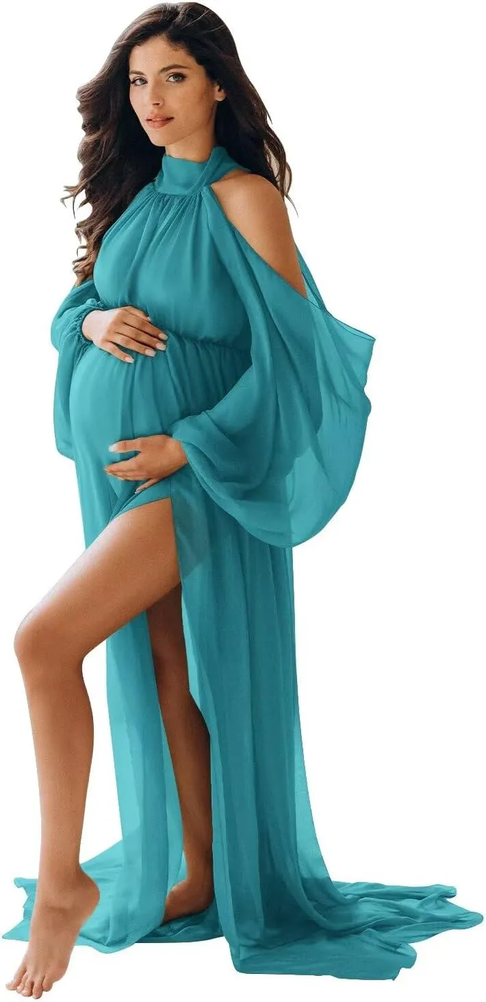 Chiffon Maternity Dresses for Photoshoot Halter Long Slit Robes for Baby Shower
