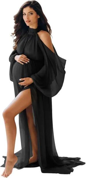Chiffon Maternity Dresses for Photoshoot Halter Long Slit Robes for Baby Shower