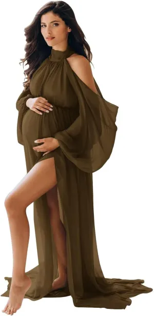 Chiffon Maternity Dresses for Photoshoot Halter Long Slit Robes for Baby Shower