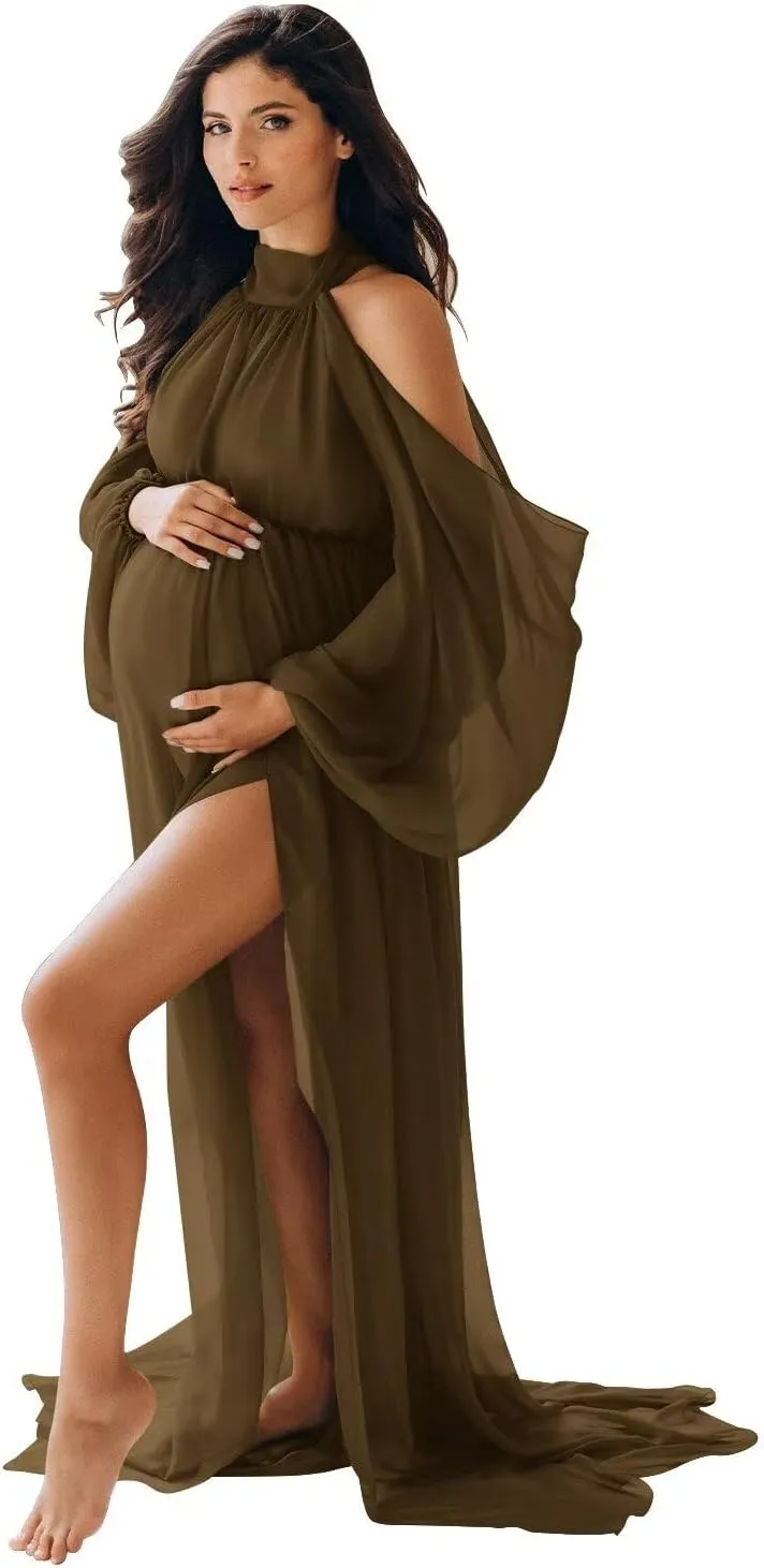 Chiffon Maternity Dresses for Photoshoot Halter Long Slit Robes for Baby Shower