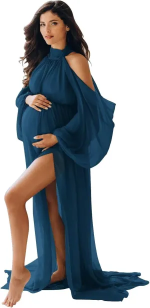 Chiffon Maternity Dresses for Photoshoot Halter Long Slit Robes for Baby Shower