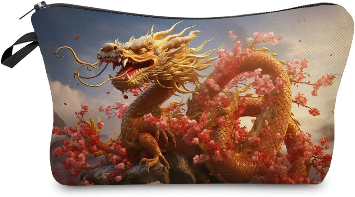 Chinoiserie Dragon Pattern Printed Cosmetic Bag Small Organizer Zipper Pouch Floral Dragon Present for Woman