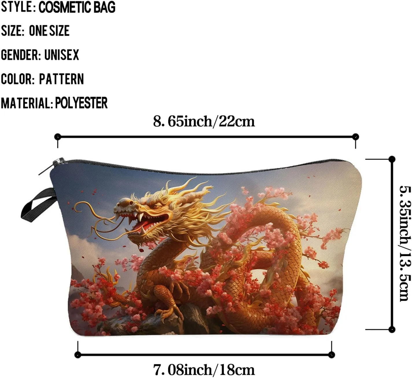 Chinoiserie Dragon Pattern Printed Cosmetic Bag Small Organizer Zipper Pouch Floral Dragon Present for Woman