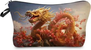 Chinoiserie Dragon Pattern Printed Cosmetic Bag Small Organizer Zipper Pouch Floral Dragon Present for Woman