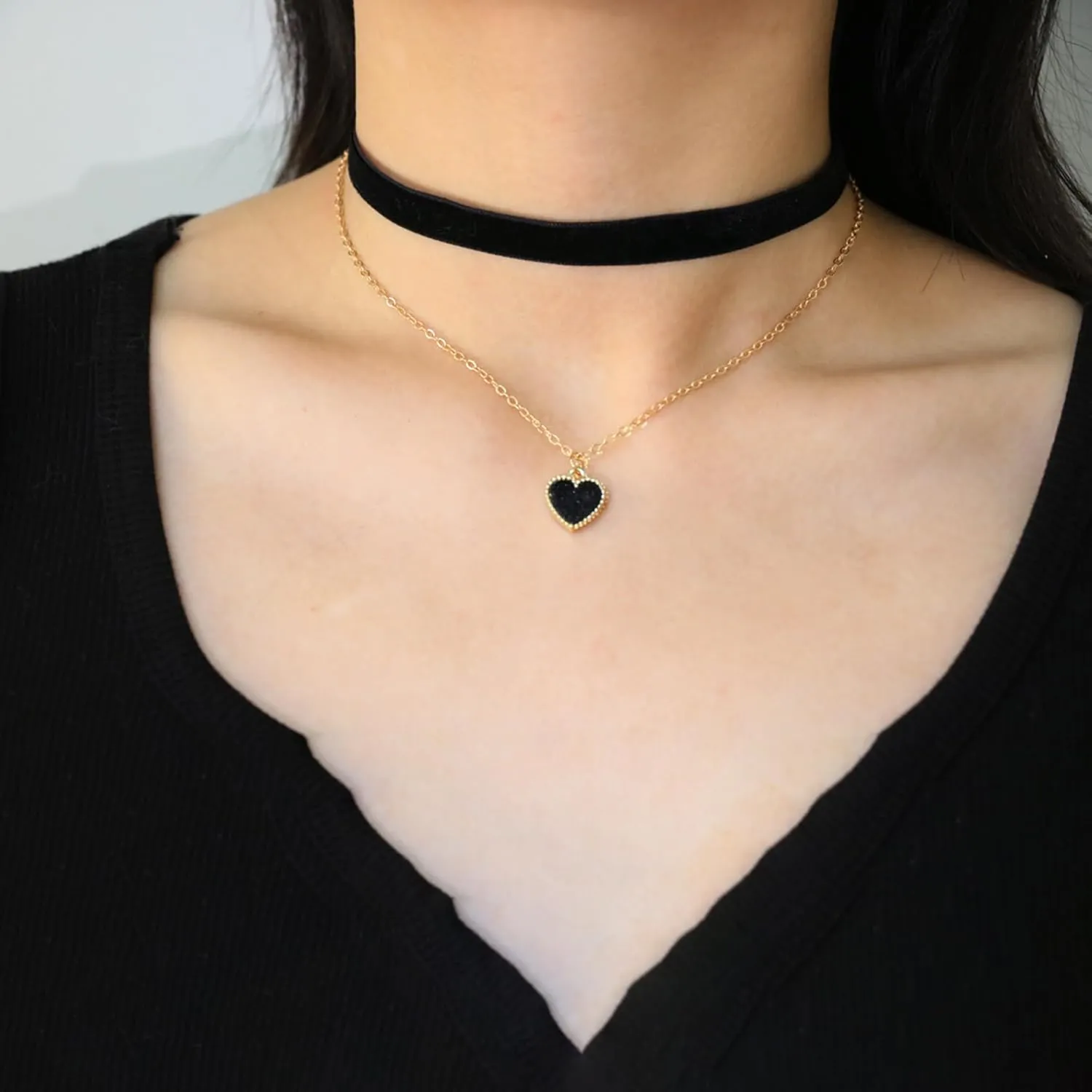 Choker Necklace for Women 3PCS Gothic Black Velvet Choker Adjustable Heart Pendant Layered Necklace Black Leather Jewelry