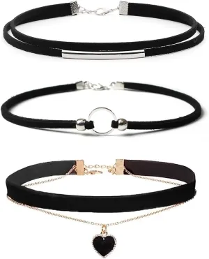 Choker Necklace for Women 3PCS Gothic Black Velvet Choker Adjustable Heart Pendant Layered Necklace Black Leather Jewelry