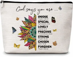 Christian Makeup Bag, God Says You Are Cosmetic Bags, Sunflower Makeup Zipper Pouch Bag, Sunflower Lover Inspired Gift, Inspirational Gifts For Women Girls, 01