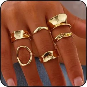 Chunky Gold & Silver Rings Set - Adjustable Thick Statement Rings for Women