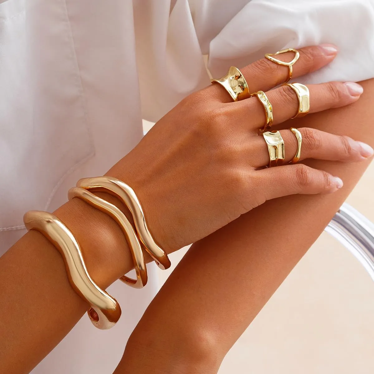 Chunky Gold & Silver Rings Set - Adjustable Thick Statement Rings for Women
