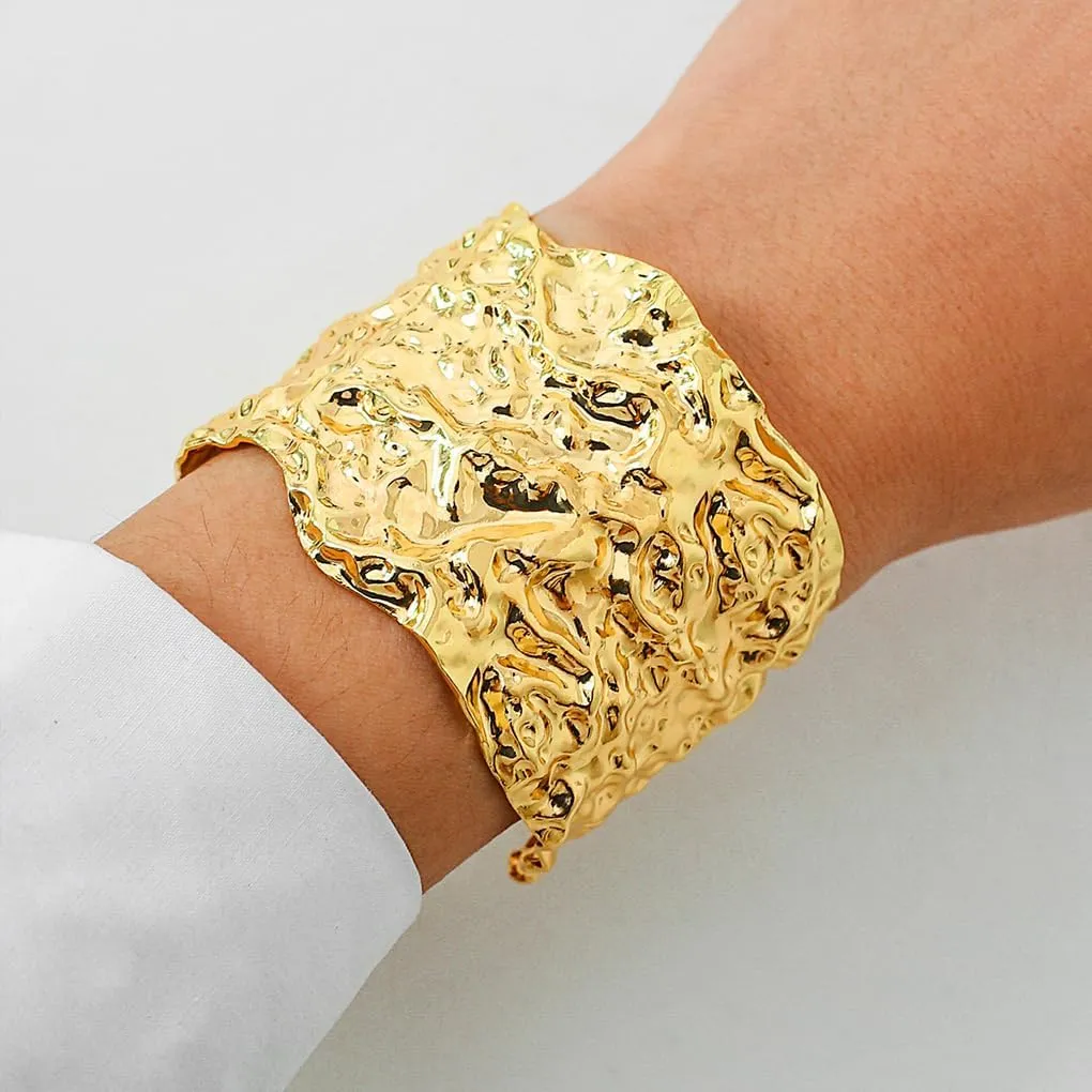 Chunky Gold Bangle Bracelet for Women Wide Thick Cuff Bracelets Exaggerated Irregular Textured Open Bangle Trendy Punk Hip Hop Jewelry Accessories