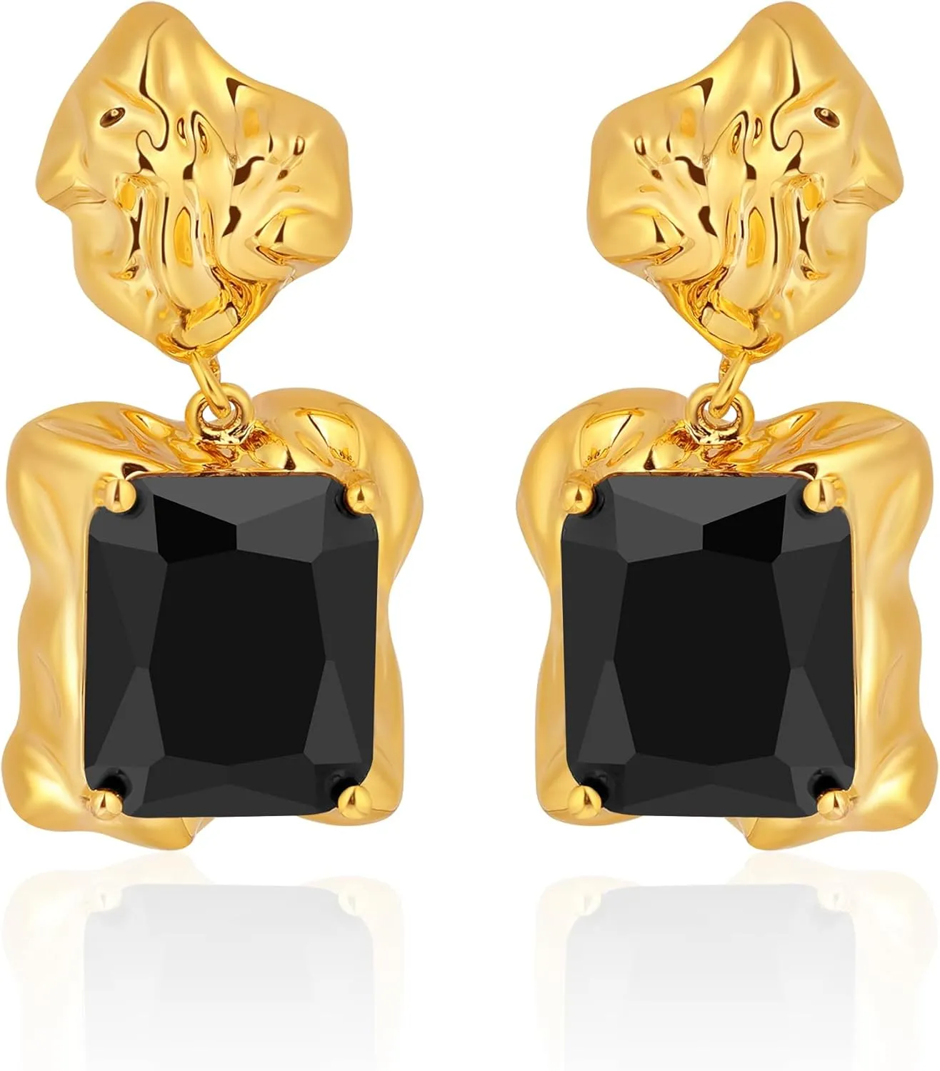Chunky Gold Geometric Stud Earrings Trendy Vintage 14K Gold Plated Black Cubic Zirconia Statement Cocktail Earrings Dupes Jewelry for Women