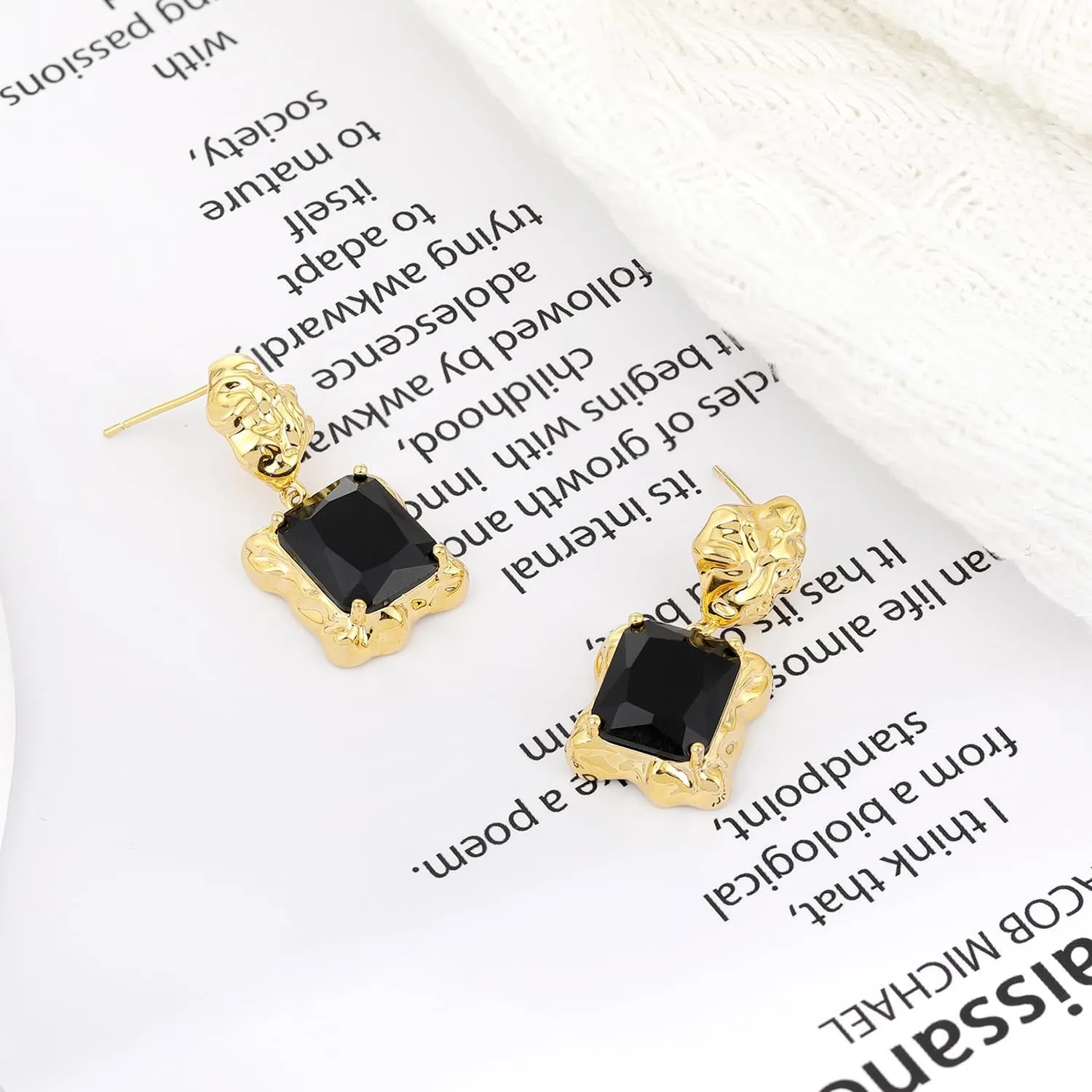 Chunky Gold Geometric Stud Earrings Trendy Vintage 14K Gold Plated Black Cubic Zirconia Statement Cocktail Earrings Dupes Jewelry for Women