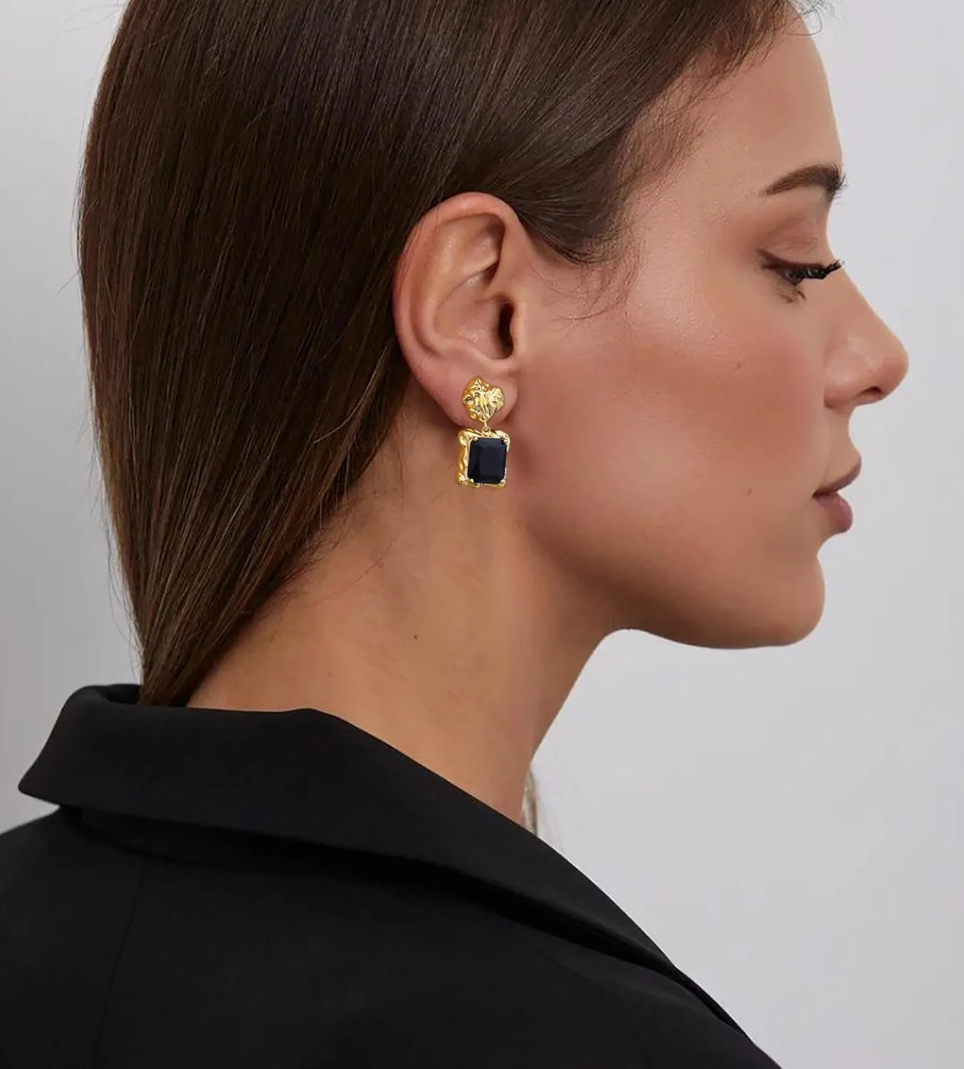 Chunky Gold Geometric Stud Earrings Trendy Vintage 14K Gold Plated Black Cubic Zirconia Statement Cocktail Earrings Dupes Jewelry for Women