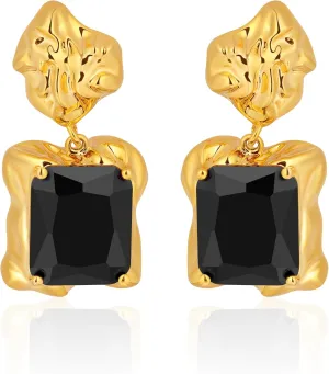Chunky Gold Geometric Stud Earrings Trendy Vintage 14K Gold Plated Black Cubic Zirconia Statement Cocktail Earrings Dupes Jewelry for Women