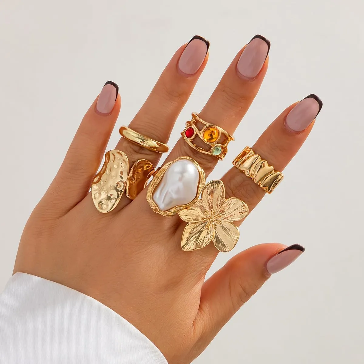 Chunky Gold Rings for Women Non Tarnish Adjustable Gemstone Pearl Flower Rings for Women Statement Silver Ring Stacking Knuckle Ring Chunky Gold Jewelry