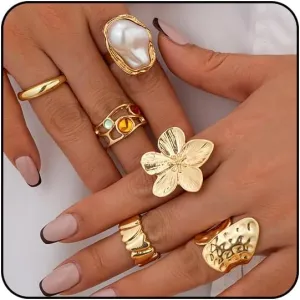 Chunky Gold Rings for Women Non Tarnish Adjustable Gemstone Pearl Flower Rings for Women Statement Silver Ring Stacking Knuckle Ring Chunky Gold Jewelry