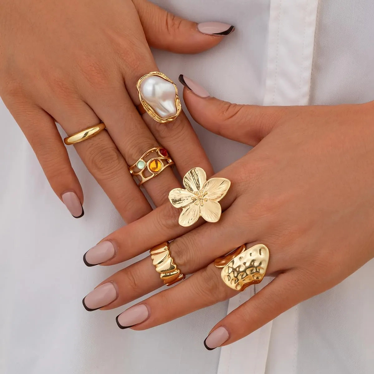 Chunky Gold Rings for Women Non Tarnish Adjustable Gemstone Pearl Flower Rings for Women Statement Silver Ring Stacking Knuckle Ring Chunky Gold Jewelry