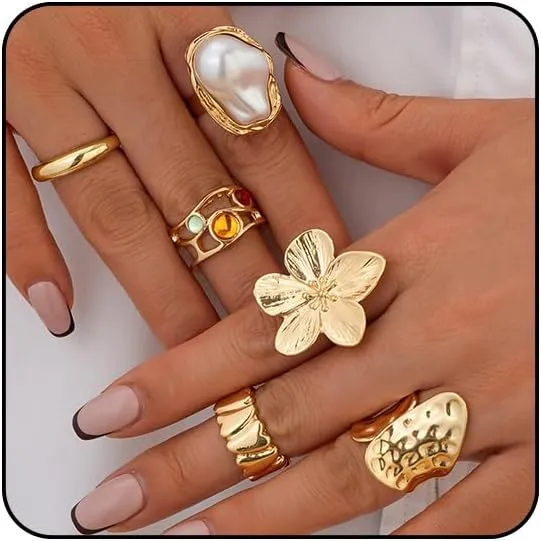 Chunky Gold Rings for Women Non Tarnish Adjustable Gemstone Pearl Flower Rings for Women Statement Silver Ring Stacking Knuckle Ring Chunky Gold Jewelry