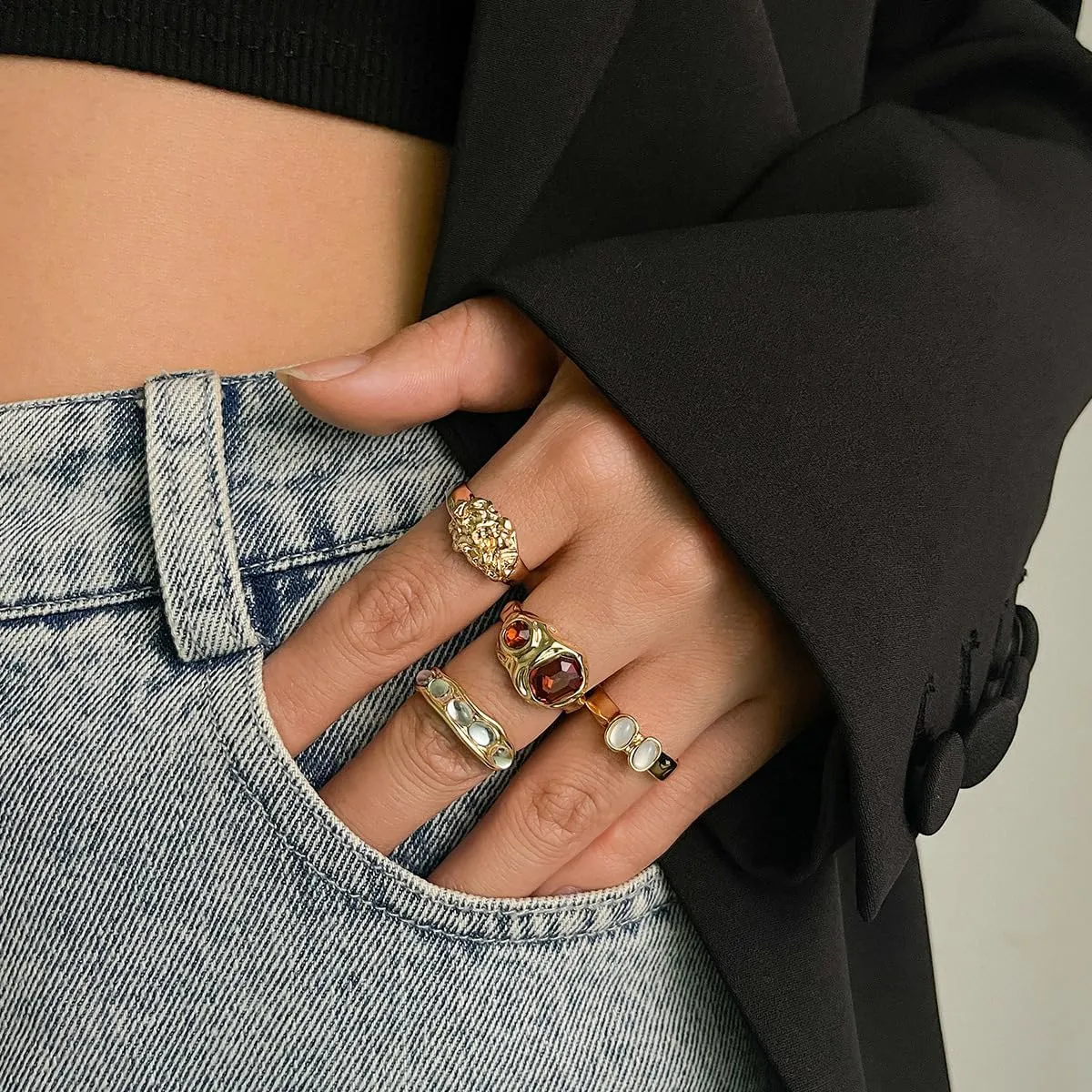 Chunky Knuckle Rings for Women 14K Gold/Silver Plated Crystal Zirconia Ring Set Stacked Opening Adjustable Rings Liquid Irregular Ring Set Prom Jewelry