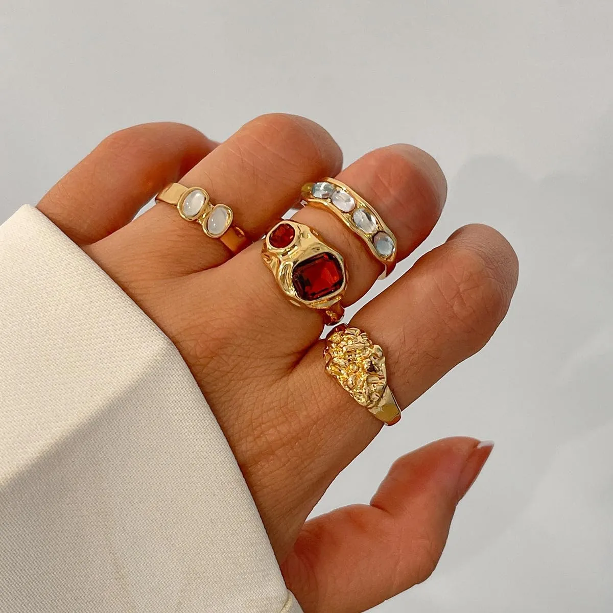 Chunky Knuckle Rings for Women 14K Gold/Silver Plated Crystal Zirconia Ring Set Stacked Opening Adjustable Rings Liquid Irregular Ring Set Prom Jewelry