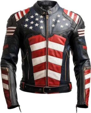 Classic Patriotic Casual Men's Genuine Sheepskin Leather USA American Flag Biker Motorcycle Moto Independence Jacket