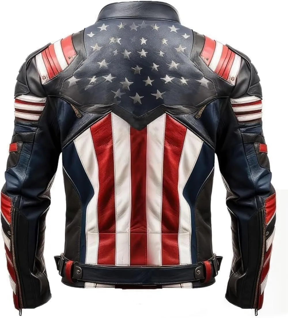 Classic Patriotic Casual Men's Genuine Sheepskin Leather USA American Flag Biker Motorcycle Moto Independence Jacket