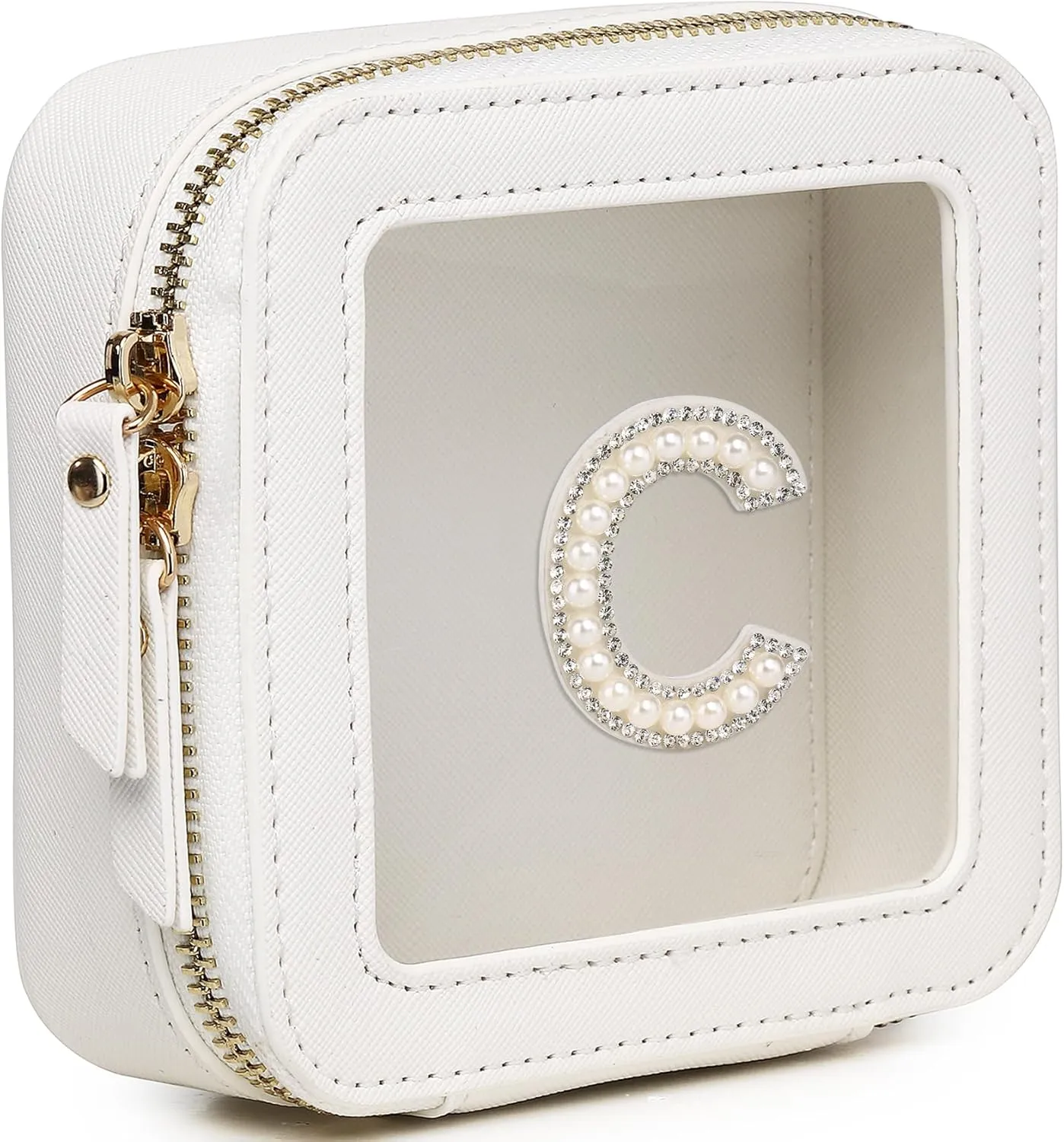 Clear Mini Makeup Bag Personalized Initial Cosmetic Bag Small Makeup Case & Toiletry Bag Birthday Gift for Women (C, Mini/White)