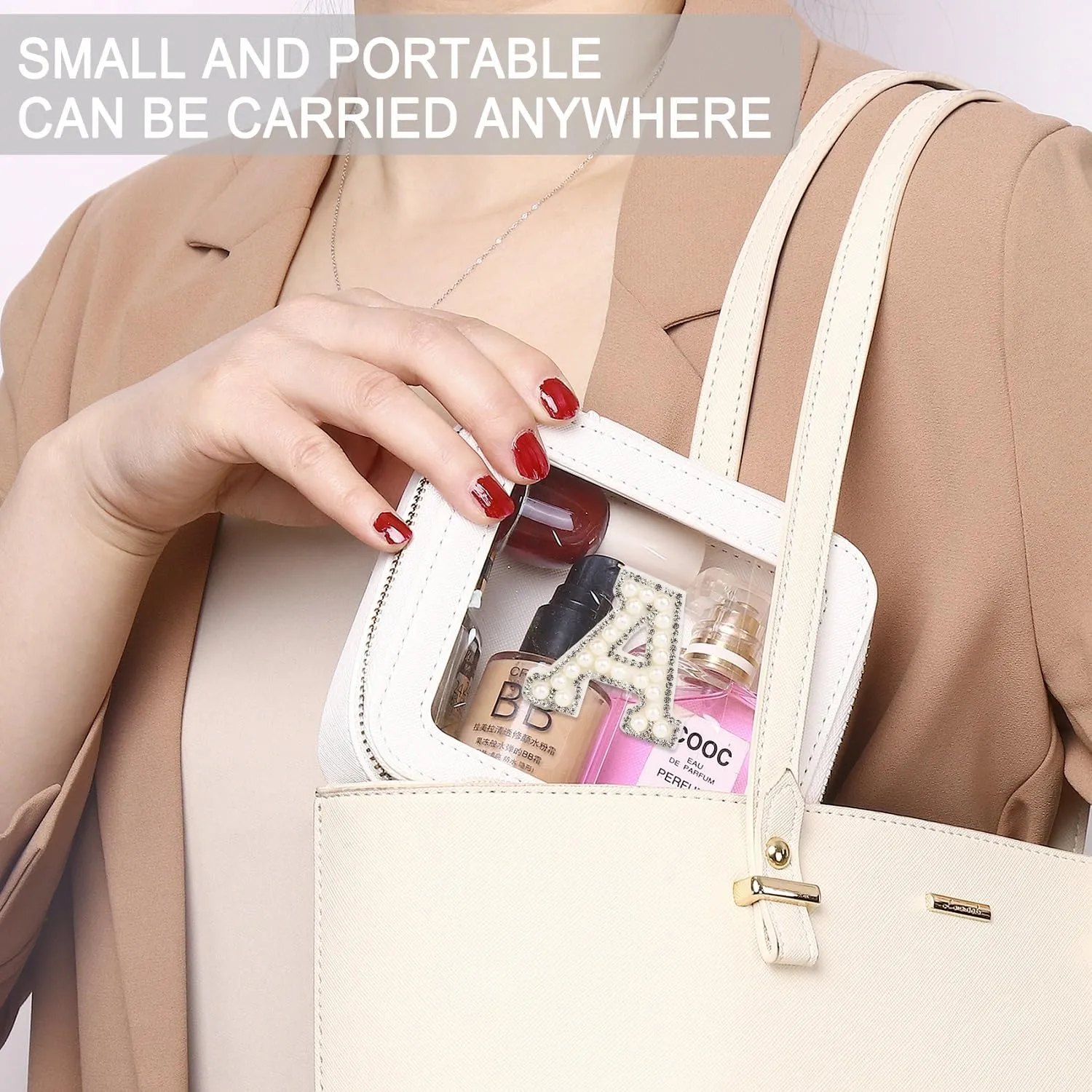 Clear Mini Makeup Bag Personalized Initial Cosmetic Bag Small Makeup Case & Toiletry Bag Birthday Gift for Women (C, Mini/White)
