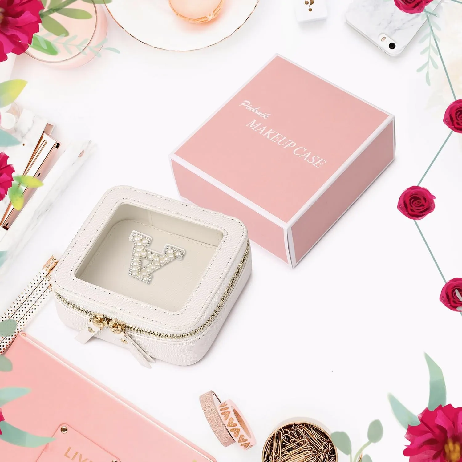 Clear Mini Makeup Bag Personalized Initial Cosmetic Bag Small Makeup Case & Toiletry Bag Birthday Gift for Women (C, Mini/White)