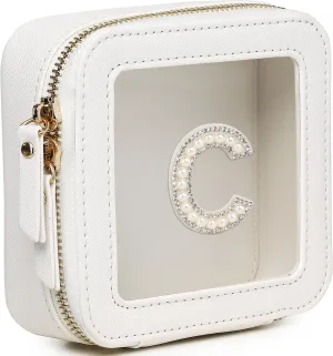 Clear Mini Makeup Bag Personalized Initial Cosmetic Bag Small Makeup Case & Toiletry Bag Birthday Gift for Women (C, Mini/White)