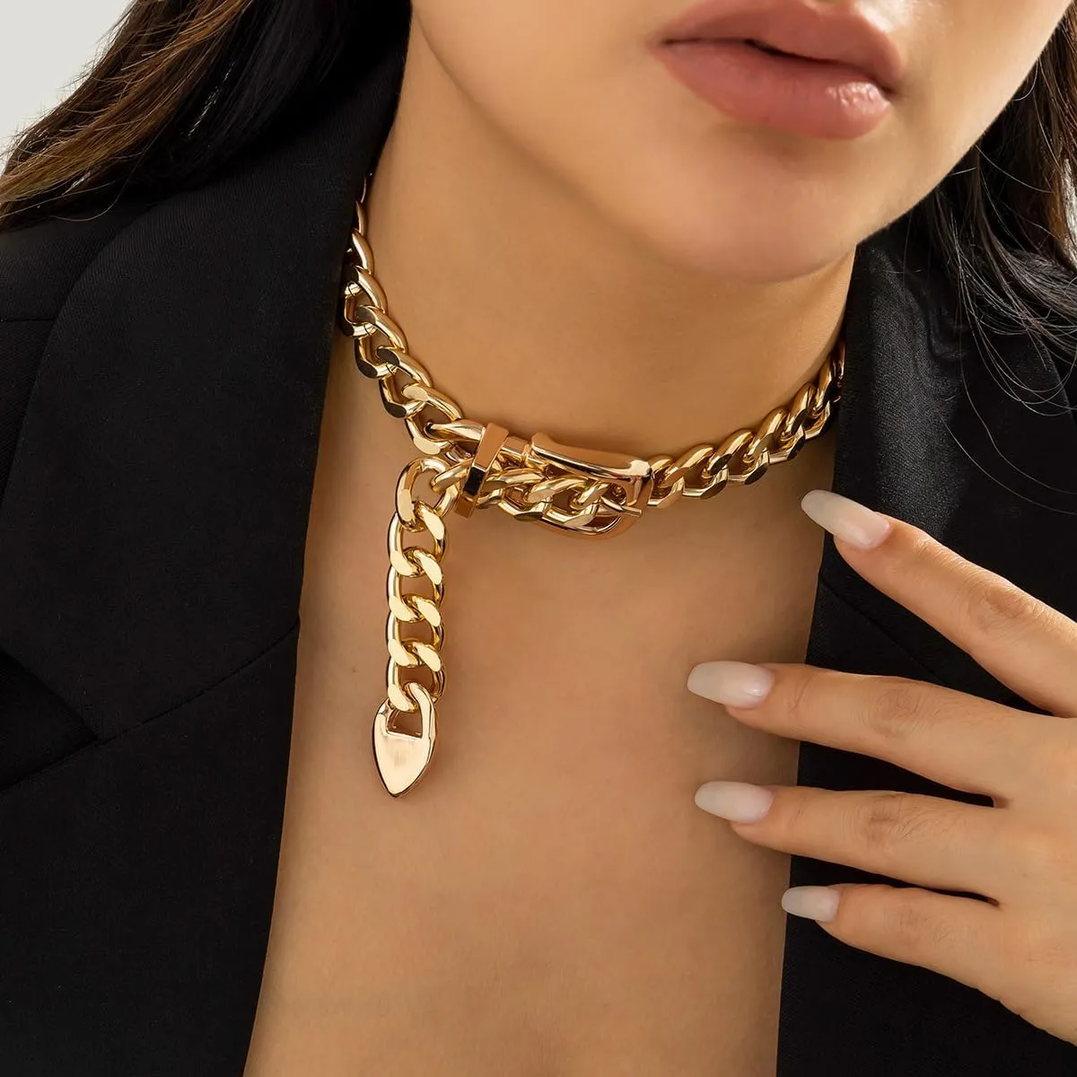 CLOACE Gold Belt Buckle Choker Necklace Punk Cuban Chunky Choker Necklaces Vintage Thick Chain Short Necklace for Women