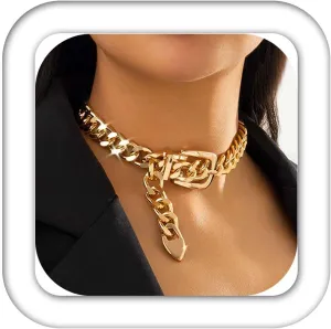 CLOACE Gold Belt Buckle Choker Necklace Punk Cuban Chunky Choker Necklaces Vintage Thick Chain Short Necklace for Women