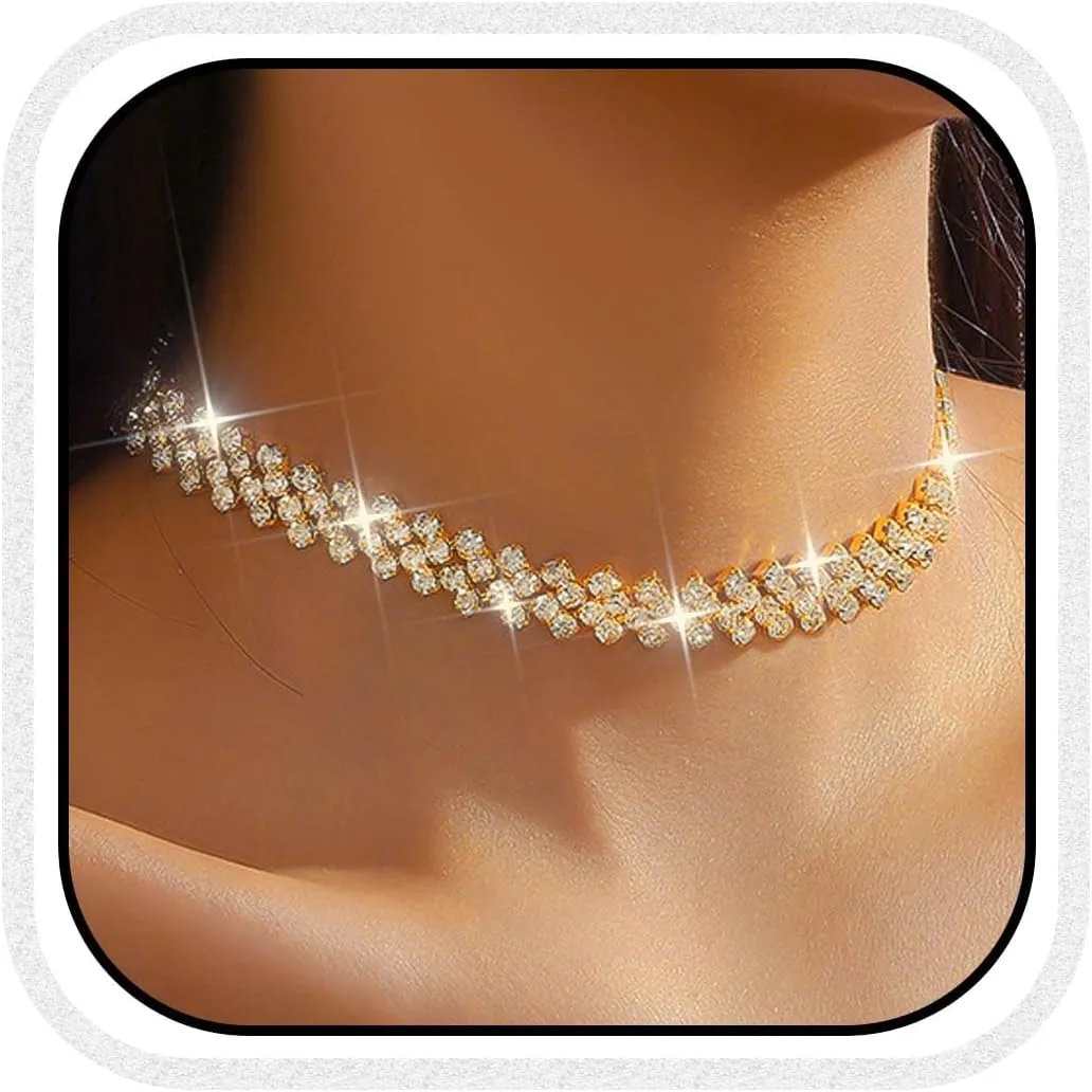 CLOACE Rhinestone Choker Necklace Diamond Row Necklaces Sparkly Crystal Necklace Chain Jewerly Prom Accessories for Women