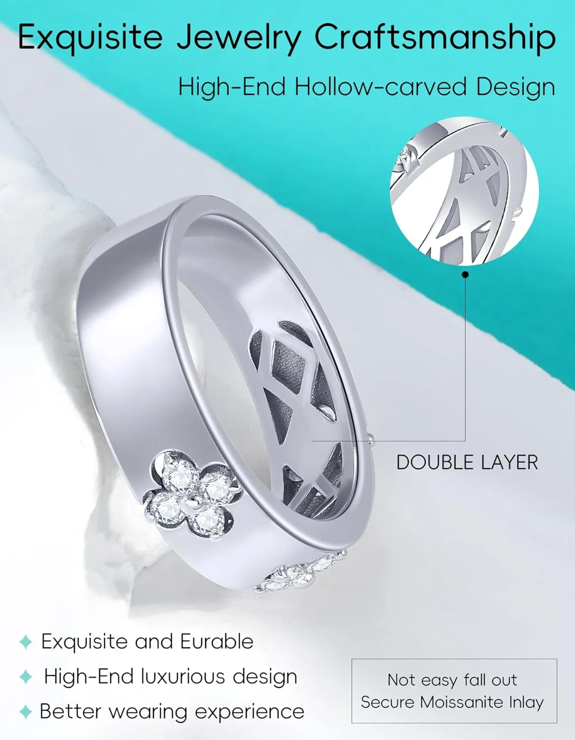 Clover Moissanite Rings for Women Gifts,Premium Moissanite(D Color VVS1 Clarity 3EX Cut), 925 Sterling Silver 14K Gold Plated Non Tarnish