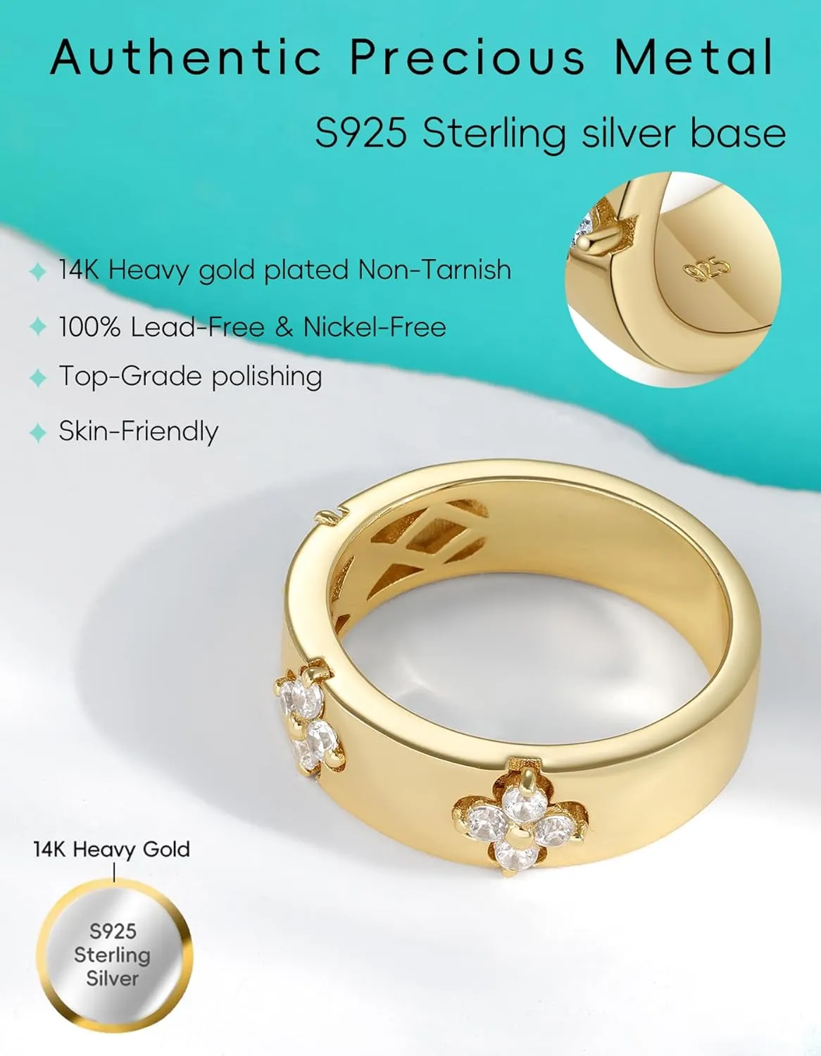 Clover Moissanite Rings for Women Gifts,Premium Moissanite(D Color VVS1 Clarity 3EX Cut), 925 Sterling Silver 14K Gold Plated Non Tarnish