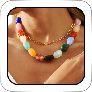 Colorful Gemstone Chunky Choker Necklaces Gold Vintage 2 Layered Chokers Rave Statement Neck Chain for Women