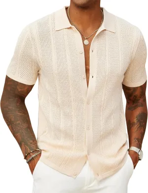 COOFANDY Mens Knit Button Down Shirts Casual Textured Polo Shirt Short Sleeve Vintage Summer Beach Tops