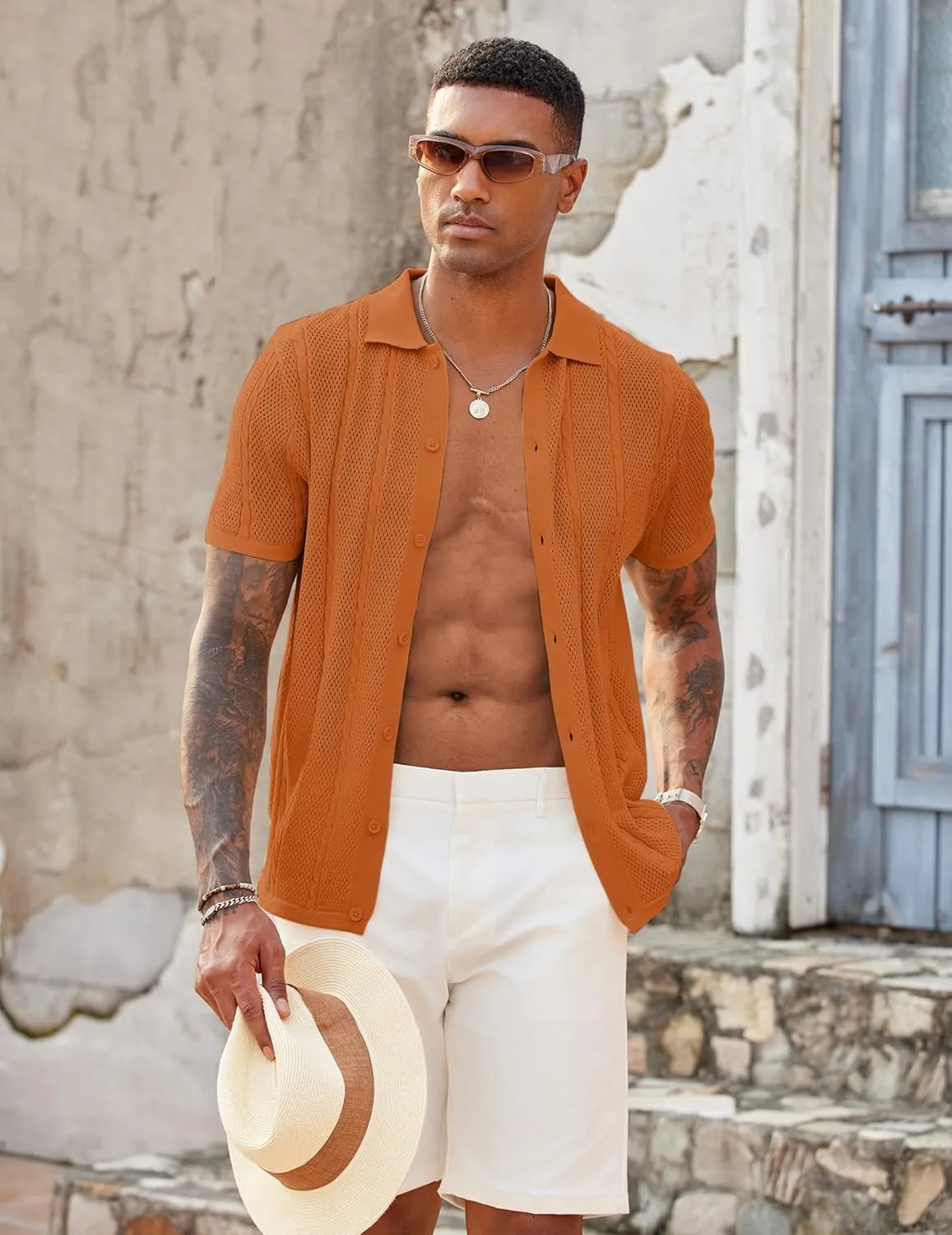 COOFANDY Mens Knit Button Down Shirts Casual Textured Polo Shirt Short Sleeve Vintage Summer Beach Tops