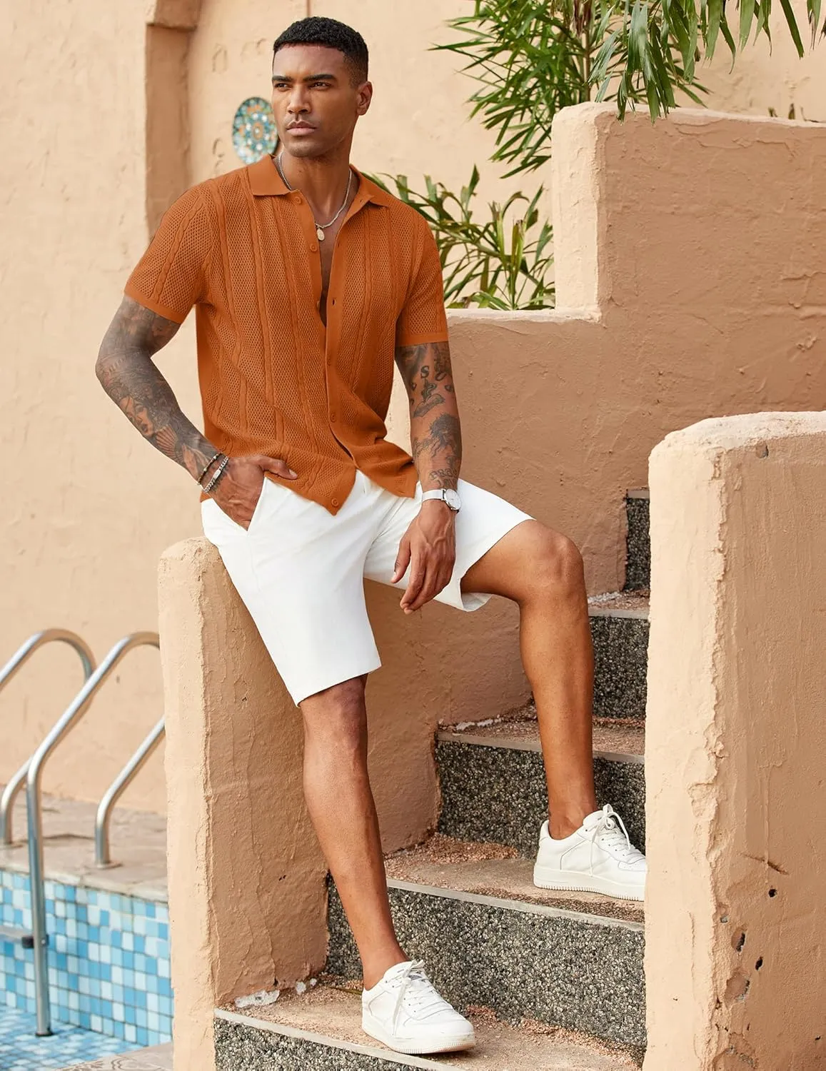 COOFANDY Mens Knit Button Down Shirts Casual Textured Polo Shirt Short Sleeve Vintage Summer Beach Tops